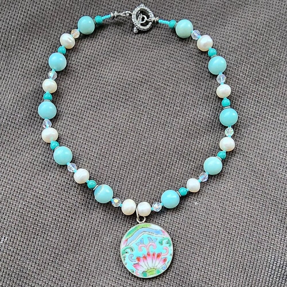 Etsy Hand Painted Pastel Floral Medallion Beaded Necklace